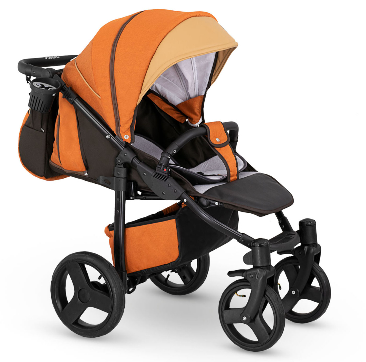 Прогулочная коляска Camarelo Elf экокожа черная рама оранжевый джинс/бежевый