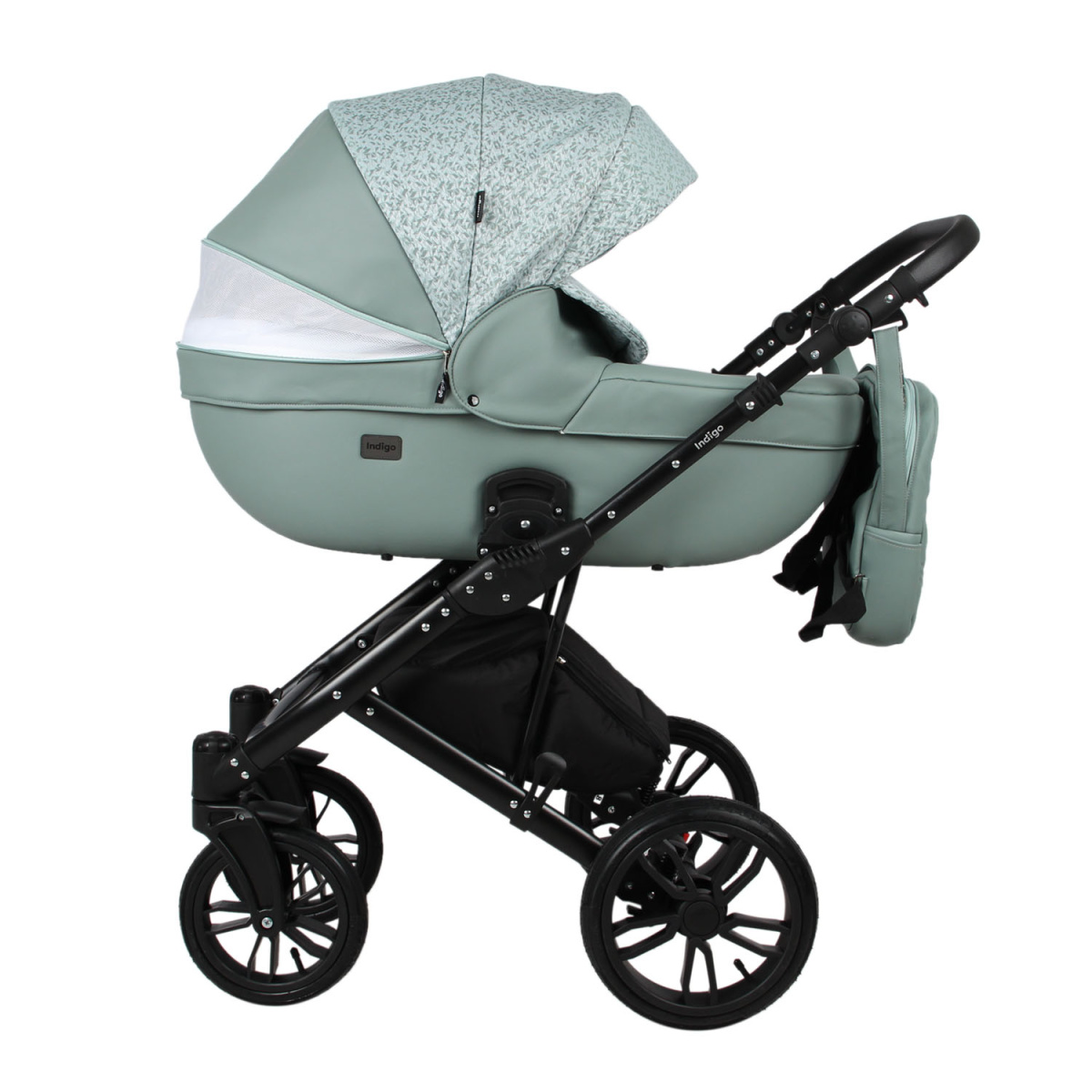 Коляска 2 в 1 Indigo MIO - Mi 06 (шалфей кожа+зеленый узор)